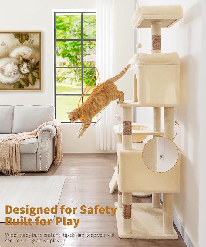68 Inches Heavy Duty Cat Tree for Indoor Cat, Big Cat Tower with Sisal Scratching Posts and Top Perch, Large Platform for Adult Cats, PMT02BW, Beige
