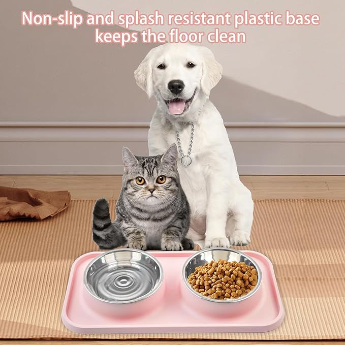 Double Dog Food Bowls with Mat,Stainless Steel Dog Bowls with No Spill Non Skid Silicone Mat Removable Cats Water and Food Bowl Set for Puppy Cats Kitten Small Medium Dogs(Pink)