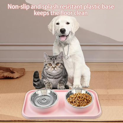 Double Dog Food Bowls with Mat,Stainless Steel Dog Bowls with No Spill Non Skid Silicone Mat Removable Cats Water and Food Bowl Set for Puppy Cats Kitten Small Medium Dogs(Pink)