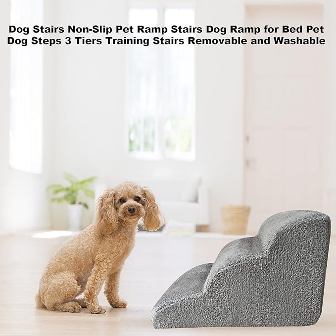 Dog Stairs Ramp for High Bed and Couch, SHUAIGUO Non Slip Pet Ramp Steps with Removable Cover, Extra Wide Pet Ramp with High Density Foam for Small Dog Cat, 3-Tiers