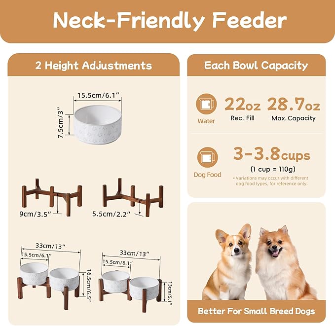 6.1inch Ceramic Raised Double Bowls Set with Acacia Wood Stand, 2 Heights Elevated, Food & Water Bowls for Small Breed Dogs, Weighted Dog Dishes, Pet Bowl(27oz, Arctic White)