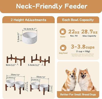 6.1inch Ceramic Raised Double Bowls Set with Acacia Wood Stand, 2 Heights Elevated, Food & Water Bowls for Small Breed Dogs, Weighted Dog Dishes, Pet Bowl(27oz, Arctic White)
