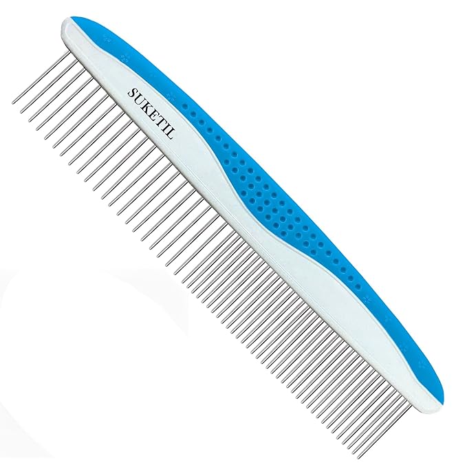 Dematting Comb for Dogs & Cats, Removes Tangles & Matted Fur, Stainless Steel Teeth, Non-Slip Handle, Pet Grooming Tool (Style 1- Blue)