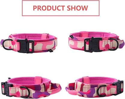 Xqpetlihai Tactical Dog Collar and Leash Set Adjustable Military Nylon Dog Collar with Control Handle and Heavy Duty Metal Buckle for Large Dogs（Pink Camo S
