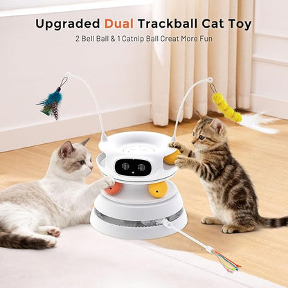 Interactive Cat Toys for Indoor Cats, 5 in 1 Hide and Seek Cat Toys with Automatic Laser and Motion Activated, Fluttering Feather & Dual Track Balls with Chirping for All Breeds, Rechargeable