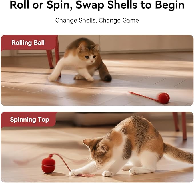 Cheerble 2 in 1 Interactive Cat Toys for Indoor Cats - Wicked Ball Duo2 Automatic Cat Toy, Dual Interchangeable Shells, Electric Moving Cat Ball with Tail & Chirping Sounds, Red