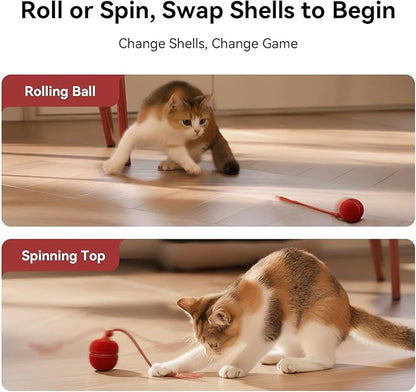 Cheerble 2 in 1 Interactive Cat Toys for Indoor Cats - Wicked Ball Duo2 Automatic Cat Toy, Dual Interchangeable Shells, Electric Moving Cat Ball with Tail & Chirping Sounds, Red