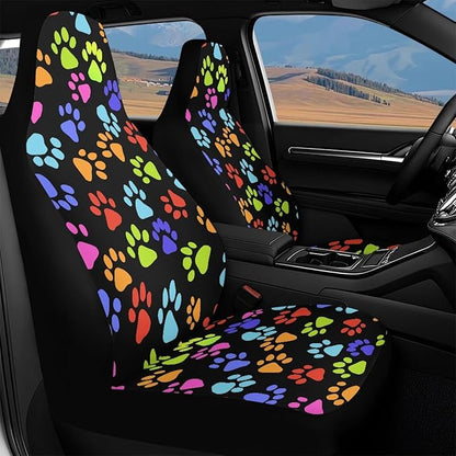 Colorful Paw Print Car Seat Covers Set of 2 Cute Waterproof Front Seat Covers Stretch Polyester Fabric Automobile Accessory Universal Fit for Truck Van SUV