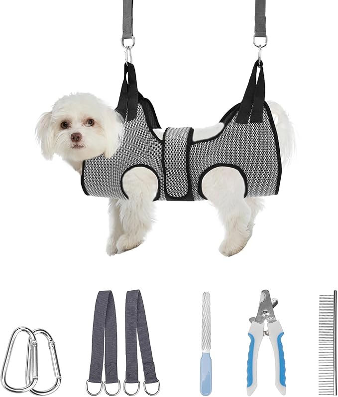 PAWCHIE Dog Grooming Hammock Harness for Dogs & Cats with Pet Nail Clipper Trimmer- Breathable Cat Hanger Sling for Trimming Clipping Nails-Dog Hammock Restraint Bag for Small Medium Large Dog,Grey XS