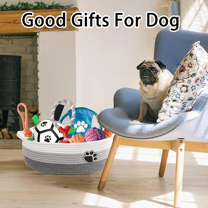 7 Pcs Puppy Dog Toys Storage Basket Set Dog Gift Chew Toys for Teething Squeaky Plush Duck Rope Woven Basket with Handles for Small Puppy