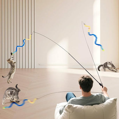 Cat Wand Toy, 8Pcs Retractable Plush Srtip Cat Teaser Wand Toys with Bell & String, Long Interactive Wand Toys for Indoor Kitten, Exercise