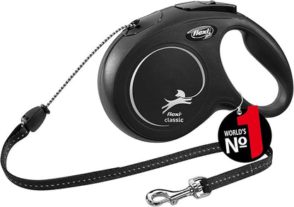 FLEXI New Classic Cord Retractable Dog Leash for Medium Dogs Upto 44 lbs. – 26 ft., Black | Tangle Free Pet Walking Leash with One-Handed Brake, Pause, Lock|German Quality Product