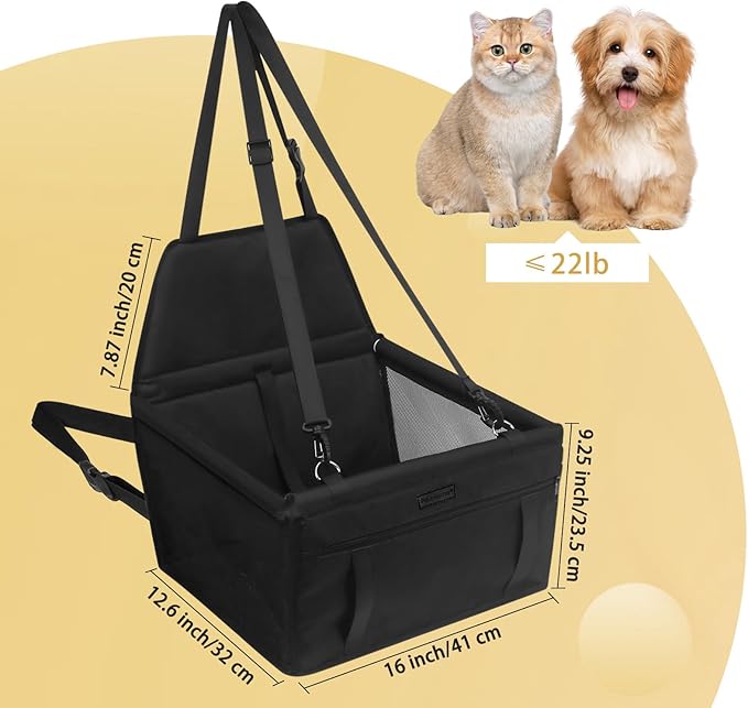 PetsHome Dog Car Seat Foldable Dog Car Booster Seat Waterproof Breathable Oxford Travel Bag for Small to Medium Dogs, Puppies, and Pets-Pure Black