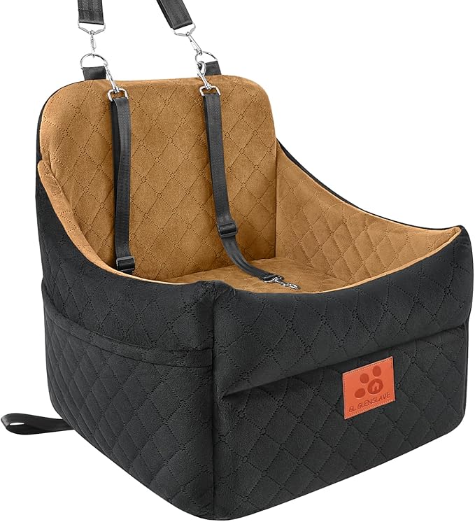 GL GLENSLAVE Dog Car Seat for Small/Medium Dogs, Dog Booster Car Seats with Thick Cushion for Dogs Under 35lbs, Detachable Washable Pet Carseat with Storage Pockets, 2 Safety Belts(Black/Coffee)