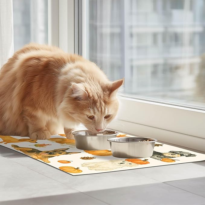 Fall Dog Pet Feeding Mat Autumn Pumpkin Design Food Mat for Dogs and Cats Non Slip Pet Bowl Mat with Cute Puppy Pattern Seasonal Mat for Cat Food and Water Bowls Home Kitchen 24" x 16"