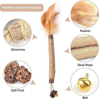 Cat Chew Toy Feather Sivervine Sticks with Bell, Cat Chew Natural Sticks Teeth Cleaning, Matatabi Cat Treat, Gall Ball Cat Toy (3 Pack)