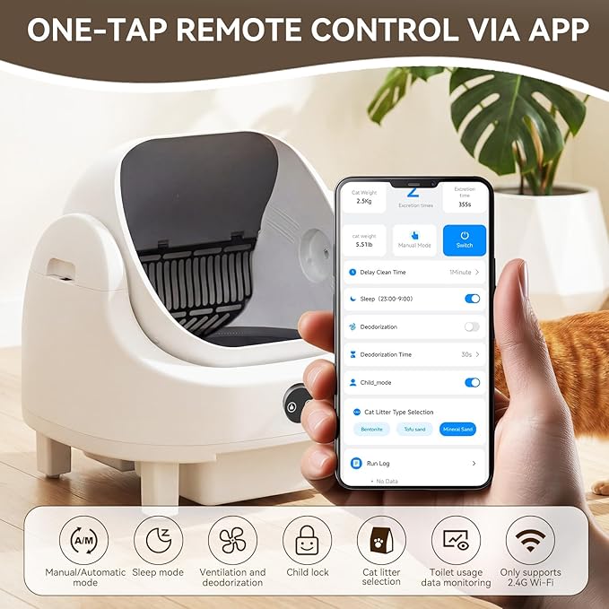 Self Cleaning Litter Box Safety Protection and Odor Control Automatic Litter Box App Control for Cats with Cat Litter Mat, Garbage Bag ＆ Scented Box