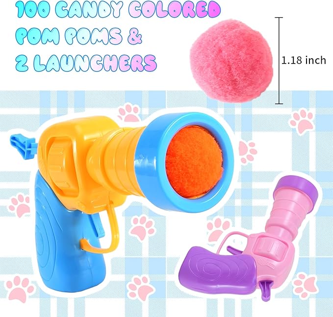 102Pcs Cat Ball Toy Launcher Gun，Cat Balls Fetch Toy - Includes 100 Colorful Plush Cats Balls and 2 Exciting Launchers Set，for Bored Indoor Adult Cats, Cute Kitten Kitty Toys