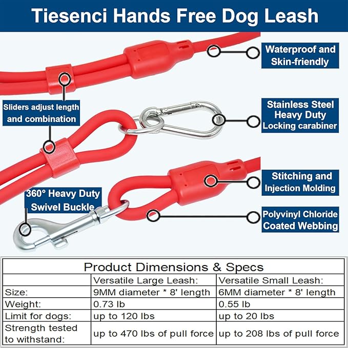 Hands Free Dog Leash Crossbody & Waist for Walking, 9-in-1 No Pull Dog Harness & Leash Set, Heavy Duty Waterproof Slip Lead for Large Medium Breeds (20-120lbs, Red)