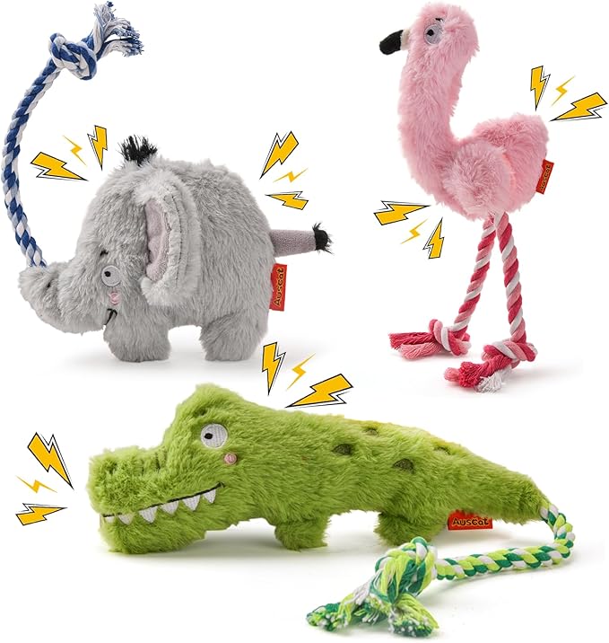 AUSCAT Plush Dog Rope Toy, Durable Squeaky Dog Toys for Puppy Small Medium Dogs (Not for Aggressive Chewers), Crocodile & Elephant & Flamingo