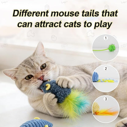 Andiker 3PCS Cat Mouse Toys, Colorful Catnip Toys for Cats with Rattle Box Ribbon Feather Interactive Cat Toys for Indoor Cats to Chew Bite Teeth Cleaning (Blue)