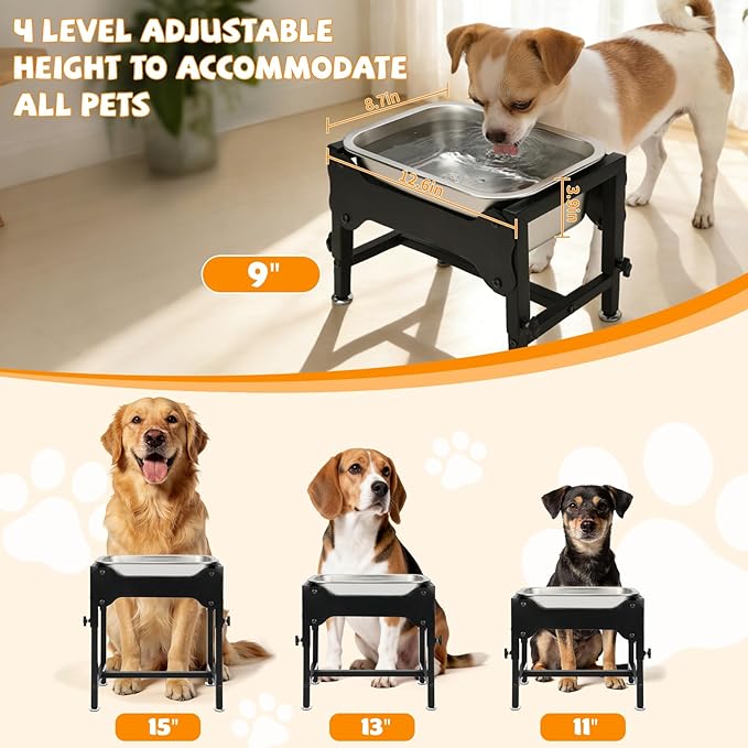 BWOGUE 1.25 Gal Elevated Large Dog Water Bowl, Raised Stainless Steel Bowl Stand Large Breed, 4 Height Adjustable (9", 11", 13", 15") Non-Slip Dog Feeding Station for Joint Pressure Relief Outdoor