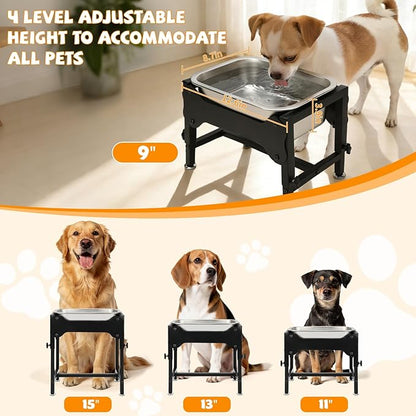 BWOGUE 1.25 Gal Elevated Large Dog Water Bowl, Raised Stainless Steel Bowl Stand Large Breed, 4 Height Adjustable (9", 11", 13", 15") Non-Slip Dog Feeding Station for Joint Pressure Relief Outdoor