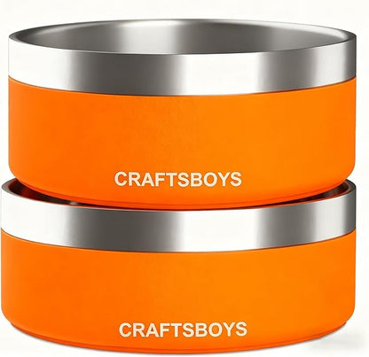 Dog Bowl, Dog Food Water Bowl with Non-Slip Rubber Base, Stainless Steel, Double Wall, Small Medium Large Dogs, 32oz, Pack of 2 (Orange)