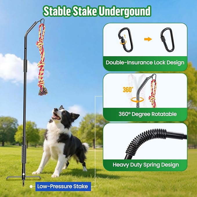 Tether Tug Outdoor Dog Rope Toy, Adjustment Height Upgraded Spring Pole, Includes 3 Chew Ropes, Interactive Tug of War Toy for Large Medium Small Dogs, Exercise Game in Yard, Lawn, Park