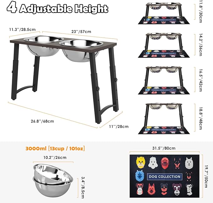 Elevated Dog Bowls with Spill-Proof Mat, 4 Adjustable Heights (for Large & Extra Large Breeds), Includes Two 3000ML Stainless Steel Bowls for Food & Water