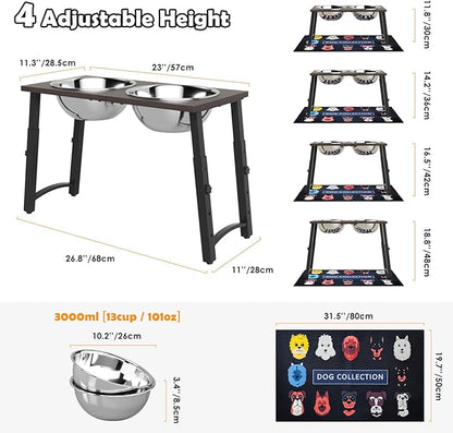 Elevated Dog Bowls with Spill-Proof Mat, 4 Adjustable Heights (for Large & Extra Large Breeds), Includes Two 3000ML Stainless Steel Bowls for Food & Water