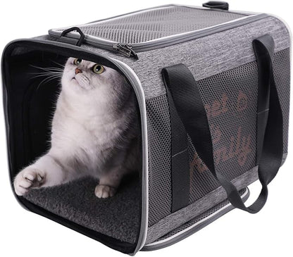 You've got This Cat Carrier with Privacy Flaps for Nervous Fur-Kids. Top-Load Quick-in. 360° Airy Mesh Windows Let Cats See You & Reduce Travel Anxiety. Rip-Stop Fabric & Lockable Zips Hug Securely