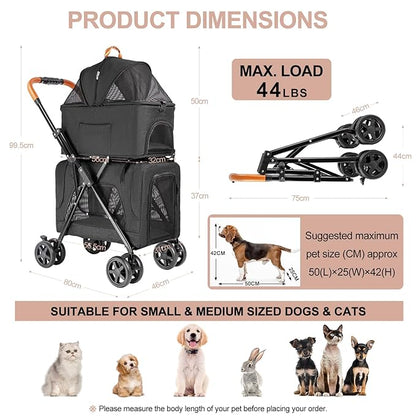 Double Pet Stroller with Detachable Carrier for Medium Small Dogs and Cats, Lightweight Dog Stroller Travel Carriage with No-Zip Canopy Storage Basket One-Click Folding and One-Foot Brake