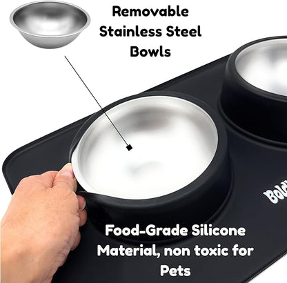 BoldPet® Dog Food and Water Bowl Set - Food Grade,Non-Slip Design Silicone Mat - Includes 2 Removable Stainless Steel Dog Bowls for Small Dogs - Perfect Puppy Bowls Set - Pet Bowls for Dogs and Cats