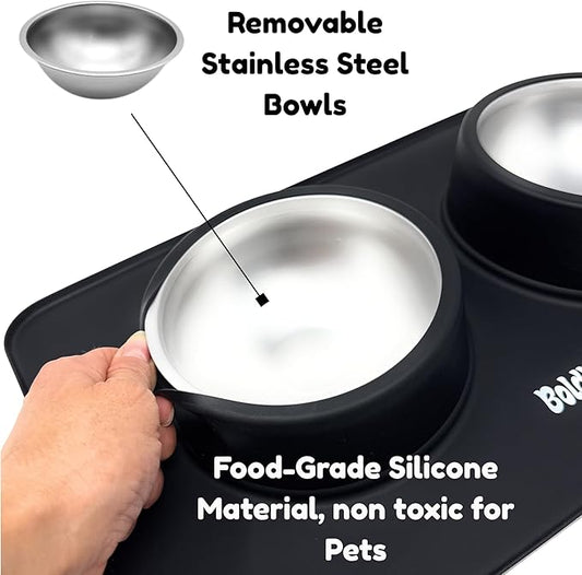 BoldPet® Dog Food and Water Bowl Set - Food Grade,Non-Slip Design Silicone Mat - Includes 2 Removable Stainless Steel Dog Bowls for Small Dogs - Perfect Puppy Bowls Set - Pet Bowls for Dogs and Cats