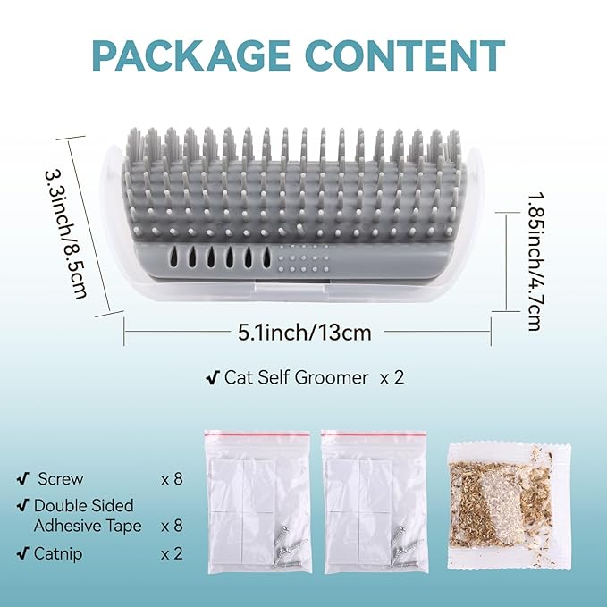 2Packs Cat Self Groomer, Wall Corner Scratcher With Catnip, Soft Brushes, Self Grooming Brush Wall Corner Massager Combs for Long Short Fur Kitten Indoor Cats (Grey)