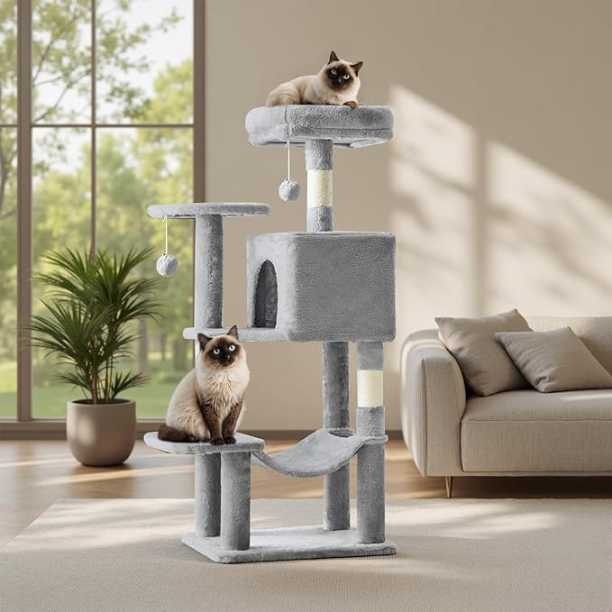 DUMOS Small 44 Inch Cat Tree Tower, Cat Climbing Tower with Natural Sisal Scratching Posts, Hammock, Pet Condo for Indoor Cats and Kittens Play, Light Grey