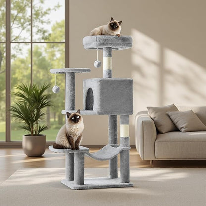 DUMOS Small 44 Inch Cat Tree Tower, Cat Climbing Tower with Natural Sisal Scratching Posts, Hammock, Pet Condo for Indoor Cats and Kittens Play, Light Grey