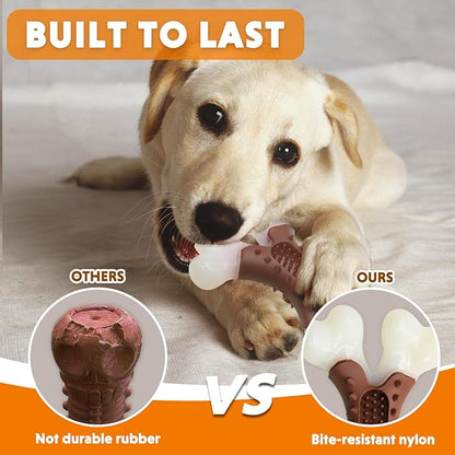 LaRoo Dog Chew Toys for Aggressive Chewers, Durable Nylon Bones Tough Toys for Training and Cleaning Teeth, Interactive Treat Dispensing Toy for Small/Medium Dog, Teething Relief, Meat Flavor (Brown)