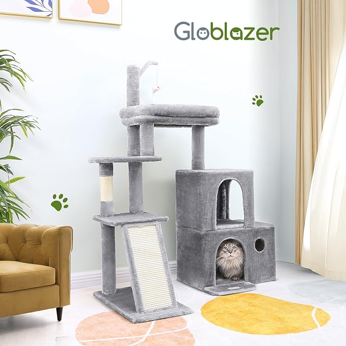 Globlazer Cat Tower for Indoor Adult Cats, 50-inch Heavy Duty Cat Tree House for Big Cats with Extra-Large Padded Platform, Sisal Scratching Board, 2 Large Condos, F50, Light Grey