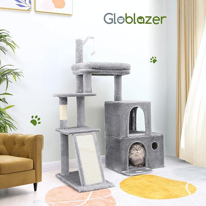 Globlazer Cat Tower for Indoor Adult Cats, 50-inch Heavy Duty Cat Tree House for Big Cats with Extra-Large Padded Platform, Sisal Scratching Board, 2 Large Condos, F50, Light Grey