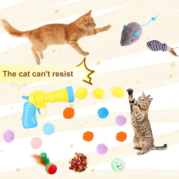 42 Pcs Cat Toys, Interactive Kitten Toy for Indoor Cats, Variety Small Balls and Launcher, Feather and Teaser Wand Toy, Crinkle Balls Springs Mouse Toys for Cat, Puppy, Kitty