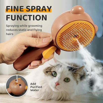Cat Steam Brush, Self Cleaning Pet Spray Hair Removal Comb with Release Button, 3 in 1 Cat Brush for Indoor Cats, Waterproof Pet Grooming Brushes for Long Short Haired Dogs Cats（Brown）