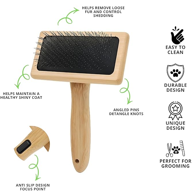 Removes Loose Fur & Tangles Fast | Dog & Cat Slicker Brush | Bamboo Deshedding Tool for All Coat Types | Gentle & Eco-Friendly Grooming
