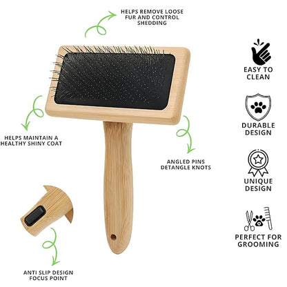 Removes Loose Fur & Tangles Fast | Dog & Cat Slicker Brush | Bamboo Deshedding Tool for All Coat Types | Gentle & Eco-Friendly Grooming