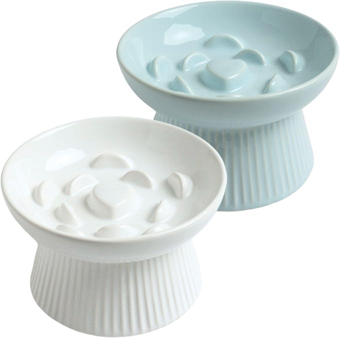 2 Pack Ceramic Slow Feeder Cat Bowl, Raised Puzzle Feeder, Anti-Vomiting, Elevated Food Bowl, Whisker Friendly (White, Blue)