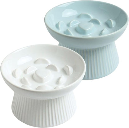 2 Pack Ceramic Slow Feeder Cat Bowl, Raised Puzzle Feeder, Anti-Vomiting, Elevated Food Bowl, Whisker Friendly (White, Blue)