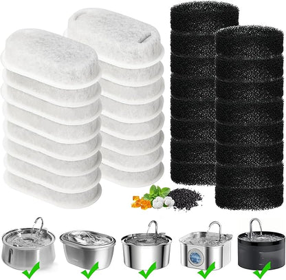 Cat Water Fountain Filter, 32-Pack Filters Replacement for 67oz/2L & 108oz/3.2L Stainless Steel Cat Water Fountain, 4-Layer Filtration Pet Filter (16 Filters & 16 Sponges)