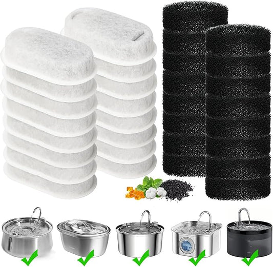 Cat Water Fountain Filter, 32-Pack Filters Replacement for 67oz/2L & 108oz/3.2L Stainless Steel Cat Water Fountain, 4-Layer Filtration Pet Filter (16 Filters & 16 Sponges)