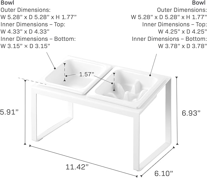 Yamazaki Home Slow Feeder Ceramic Pet Bowl with Elevated Stand – Small, Ceramic Bowl Set with Anti-Choking Puzzle for Cats and Small Dogs, Angled Design, White - 0.75 Cups, 180 ml